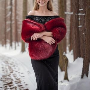 NWT $300 Adrianna Papell x BHLDN Faux Fur XL Red Shawl Collar Wrap Shrug